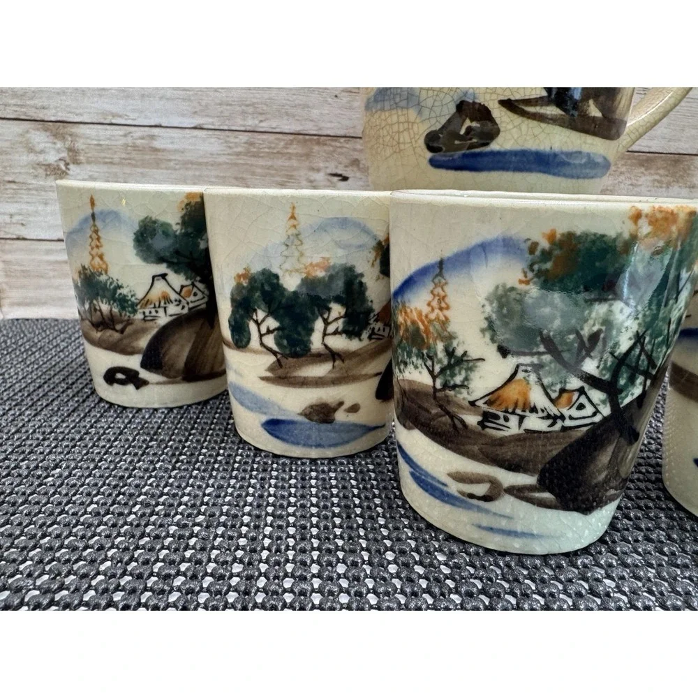 1940 Japanese Ceramic Pitcher 6 Tumbler Set Hand Painted Village Scene Showa VTG